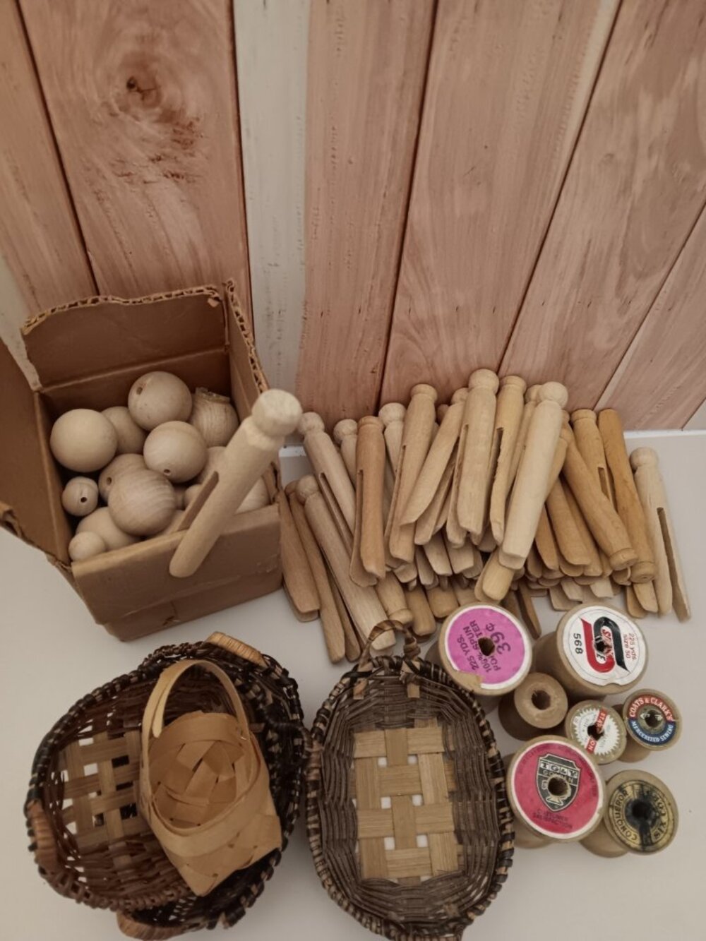 Lot of Wooden Clothespins Spools Balls and Baskets Craft Supplies
